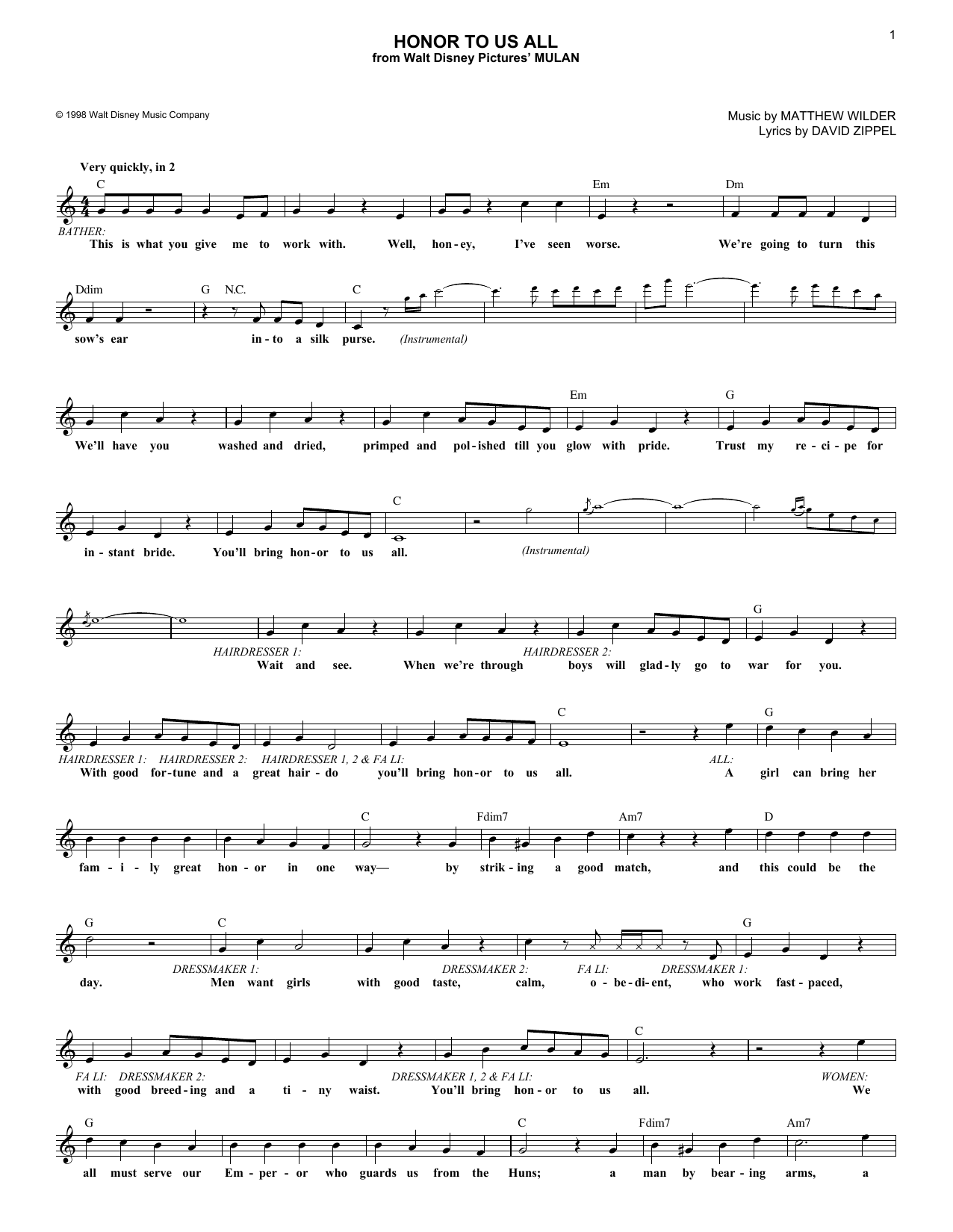 David Zippel Honor To Us All (from Mulan) Sheet Music Notes & Chords for Piano Solo - Download or Print PDF