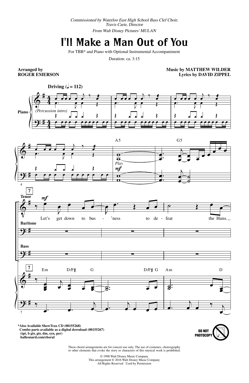 David Zippel I'll Make A Man Out Of You (from Mulan) (arr. Roger Emerson) Sheet Music Notes & Chords for TBB - Download or Print PDF