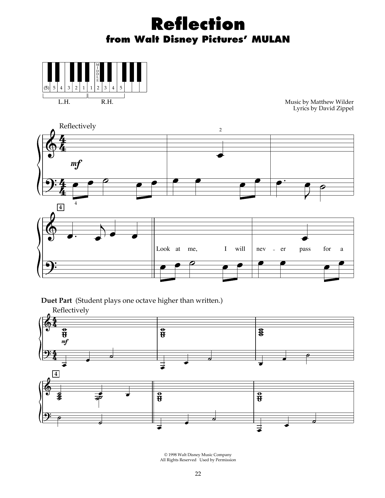 David Zippel Reflection (from Mulan) Sheet Music Notes & Chords for 5-Finger Piano - Download or Print PDF