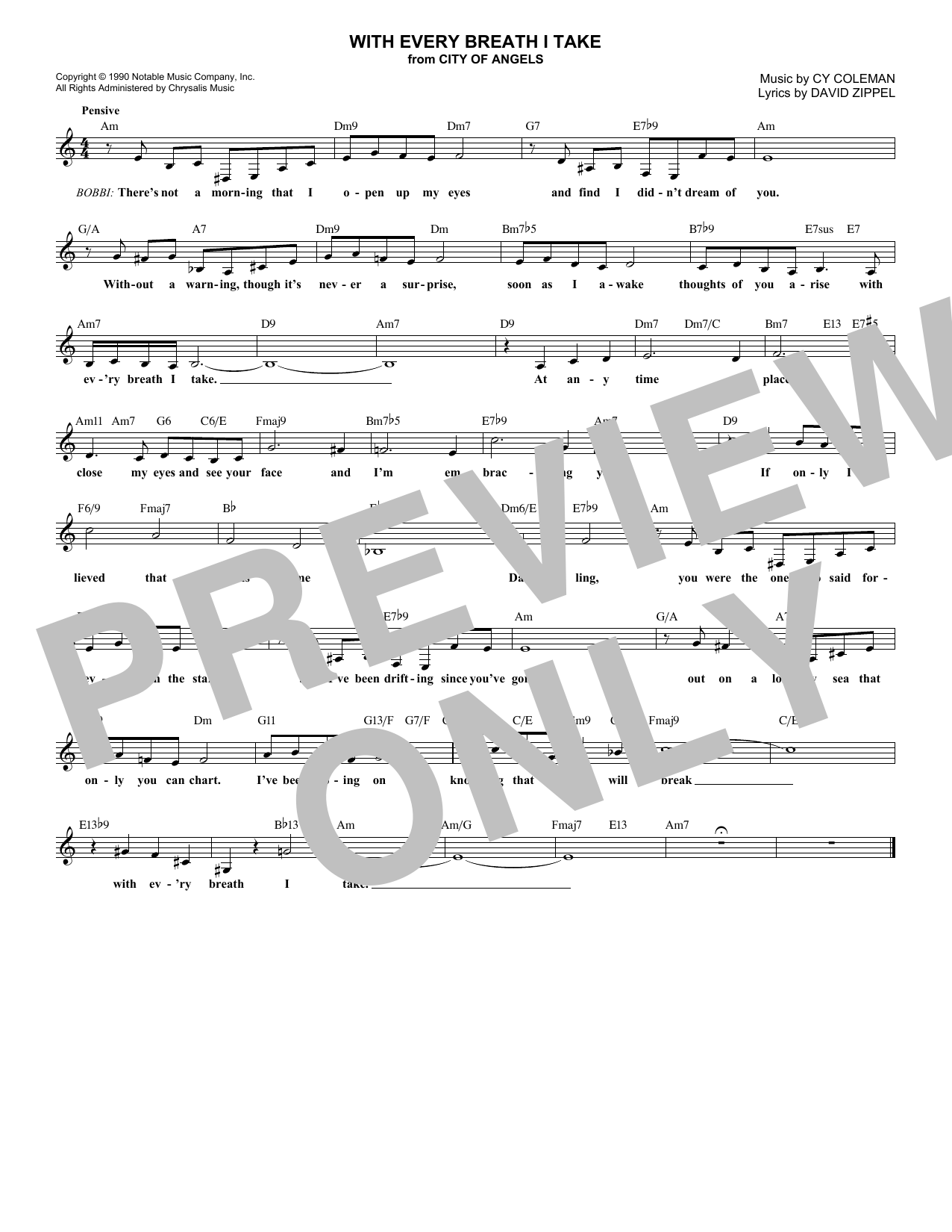 David Zippel With Every Breath I Take Sheet Music Notes & Chords for Melody Line, Lyrics & Chords - Download or Print PDF