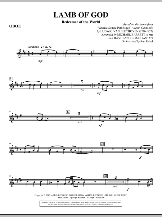 Preview David Angerman Lamb Of God (Redeemer Of The World) - Oboe Romantic sheet music, notes and chords for Choir Instrumental Pak, SKU: 296678 Lamb Of God (Redeemer Of The World) - Oboe sheet music
