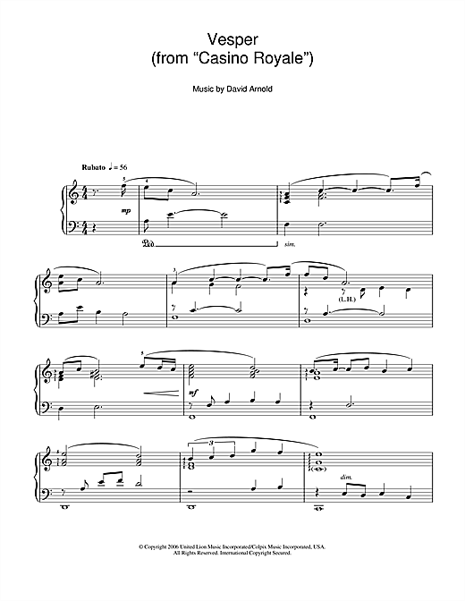 David Arnold Vesper (from 'Casino Royale') Sheet Music Notes & Chords for Easy Piano - Download or Print PDF