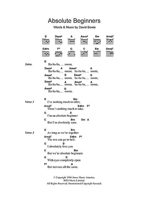 Preview David Bowie Absolute Beginners Pop sheet music, notes and chords for Piano, Vocal & Guitar (Right-Hand Melody), SKU: 22795 Absolute Beginners sheet music