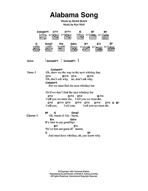 David Bowie Alabama Song Sheet Music Notes & Chords for Lyrics & Chords - Download or Print PDF