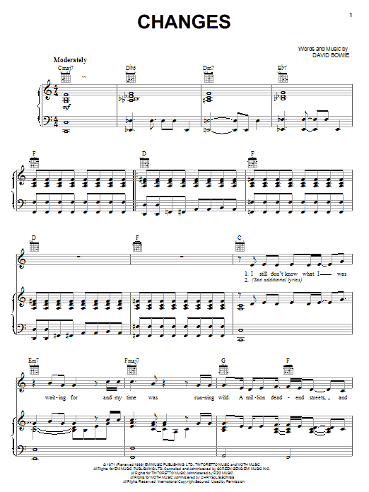 Preview David Bowie Changes Rock sheet music, notes and chords for Easy Piano, SKU: 67674 Changes sheet music