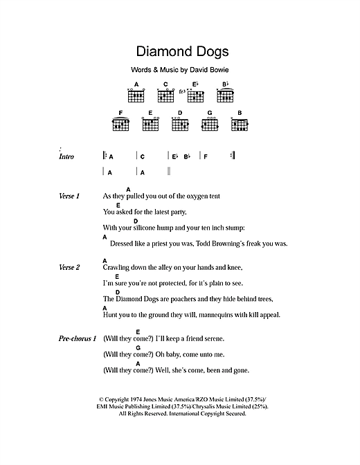 Preview David Bowie Diamond Dogs Rock sheet music, notes and chords for Piano, Vocal & Guitar, SKU: 13761 Diamond Dogs sheet music