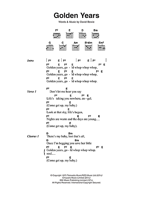 Preview David Bowie Golden Years Rock sheet music, notes and chords for Piano, Vocal & Guitar, SKU: 13782 Golden Years sheet music