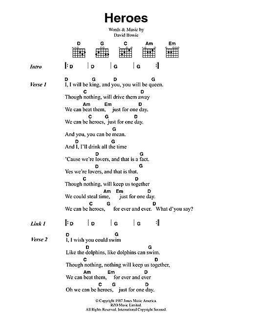 Preview David Bowie Heroes Rock sheet music, notes and chords for Piano, Vocal & Guitar, SKU: 13787 sheet music, piano notes, chords, guitar tabs, score, transpose, transcribe, how to play, guide, download, learn, tutorial, progression, song, artist, awards, billboard, mtv, vh1, tour, single, album, release