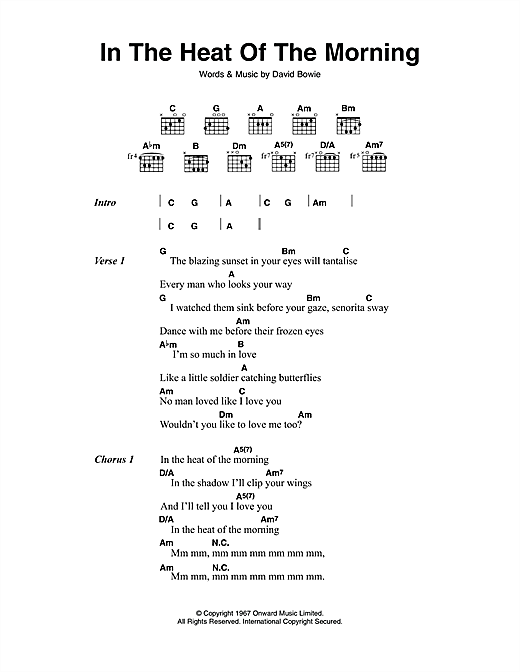 David Bowie In The Heat Of The Morning Sheet Music Notes & Chords for Lyrics & Chords - Download or Print PDF