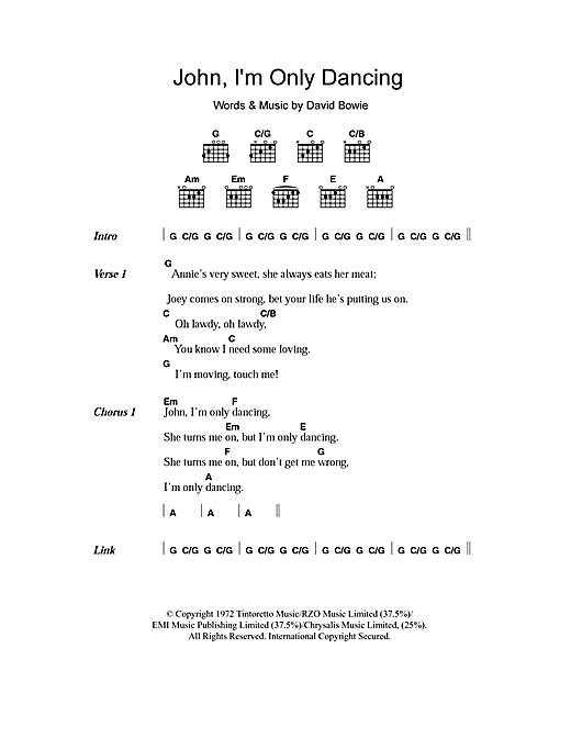 Preview David Bowie John, I'm Only Dancing Rock sheet music, notes and chords for Piano, Vocal & Guitar, SKU: 13803 John, I'm Only Dancing sheet music
