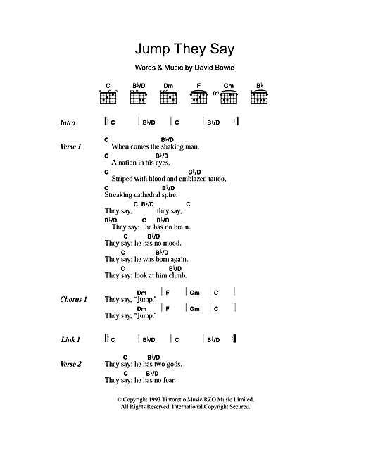 Preview David Bowie Jump They Say Rock sheet music, notes and chords for Piano, Vocal & Guitar, SKU: 22800 Jump They Say sheet music
