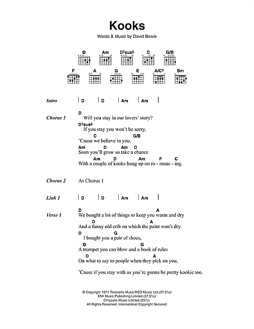Preview David Bowie Kooks Pop sheet music, notes and chords for Piano, Vocal & Guitar (Right-Hand Melody), SKU: 33889 Kooks sheet music