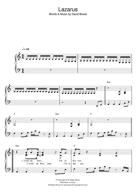 Preview David Bowie Lazarus Alternative sheet music, notes and chords for Easy Piano, SKU: 359545 Lazarus sheet music