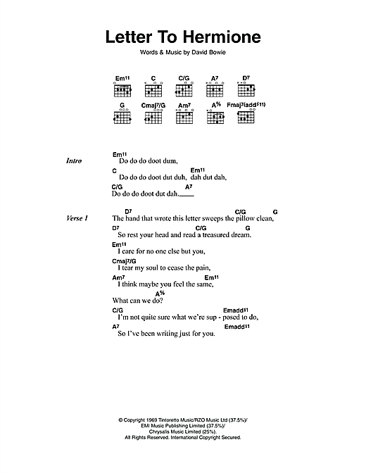 David Bowie Letter To Hermione Sheet Music Notes & Chords for Lyrics & Chords - Download or Print PDF