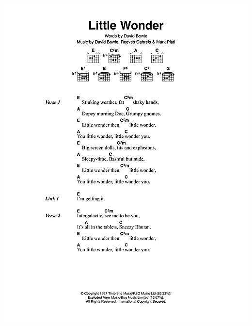 Preview David Bowie Little Wonder Rock sheet music, notes and chords for Piano, Vocal & Guitar, SKU: 22879 Little Wonder sheet music