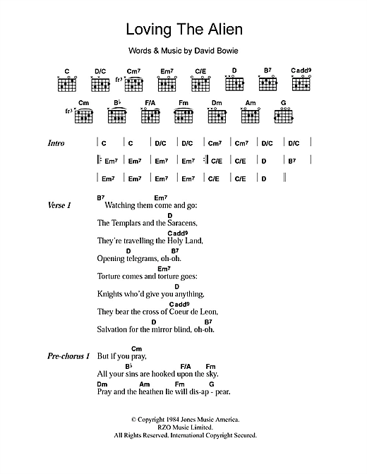 Preview David Bowie Loving The Alien Rock sheet music, notes and chords for Piano, Vocal & Guitar, SKU: 22802 Loving The Alien sheet music