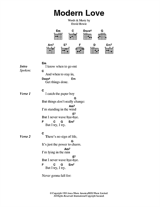 Preview David Bowie Modern Love Pop sheet music, notes and chords for Guitar Chords/Lyrics, SKU: 357917 Modern Love sheet music