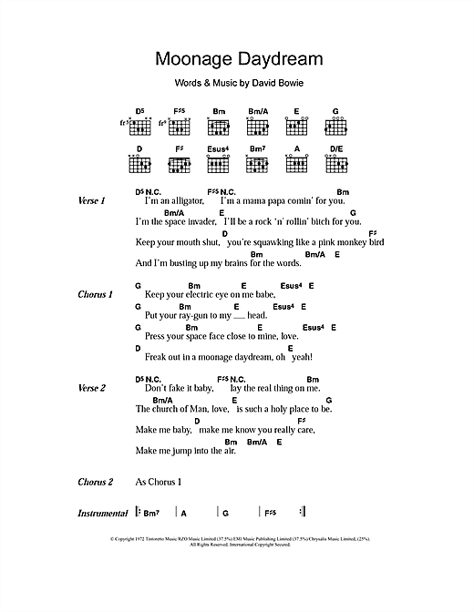 Preview David Bowie Moonage Daydream Rock sheet music, notes and chords for Guitar Tab, SKU: 37810 Moonage Daydream sheet music