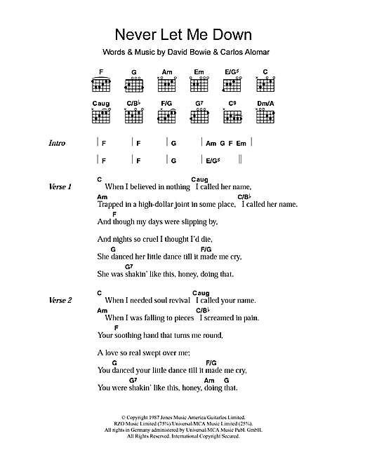 David Bowie Never Let Me Down Sheet Music Notes & Chords for Lyrics & Chords - Download or Print PDF