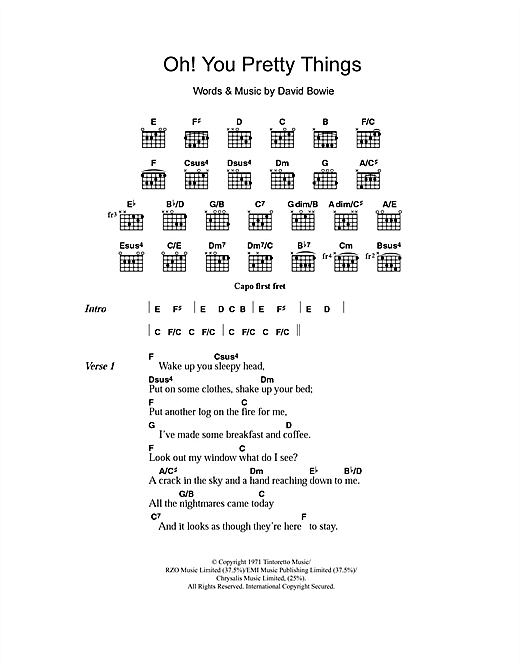 Preview David Bowie Oh! You Pretty Things Rock sheet music, notes and chords for Piano, Vocal & Guitar, SKU: 13833 Oh! You Pretty Things sheet music