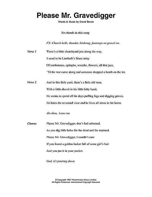 David Bowie Please Mr. Gravedigger Sheet Music Notes & Chords for Lyrics & Chords - Download or Print PDF