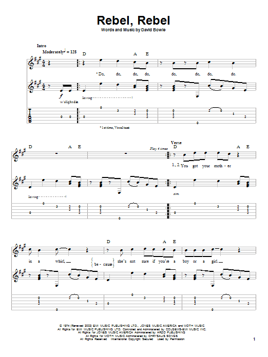Preview David Bowie Rebel, Rebel Rock sheet music, notes and chords for Piano, Vocal & Guitar (Right-Hand Melody), SKU: 70213 Rebel, Rebel sheet music