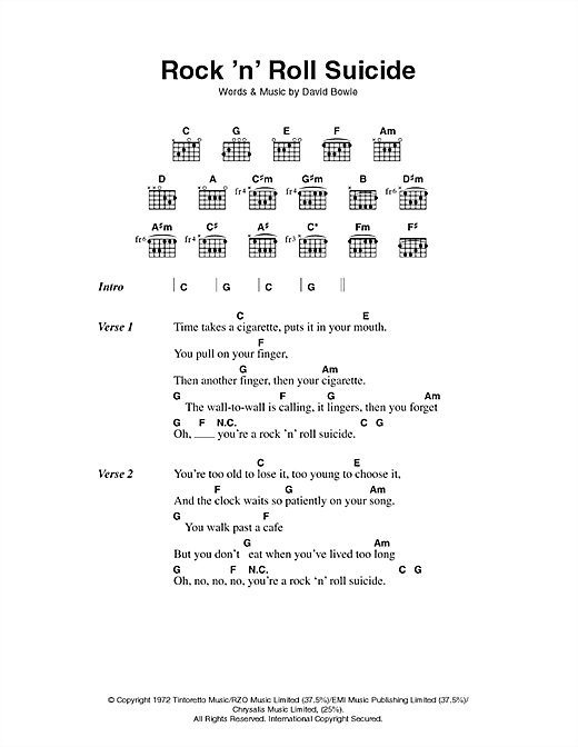Preview David Bowie Rock 'N' Roll Suicide Rock sheet music, notes and chords for Piano, Vocal & Guitar, SKU: 13848 Rock 'N' Roll Suicide sheet music
