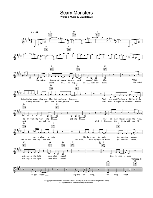 Preview David Bowie Scary Monsters Rock sheet music, notes and chords for Melody Line, Lyrics & Chords, SKU: 25826 Scary Monsters sheet music