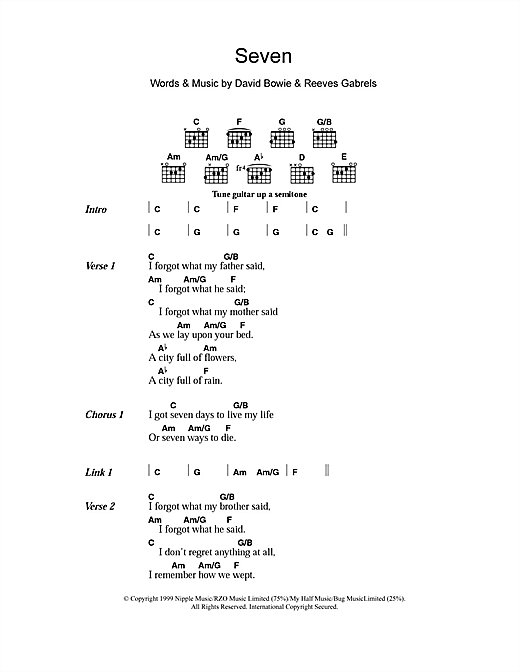 David Bowie Seven Sheet Music Notes & Chords for Lyrics & Chords - Download or Print PDF