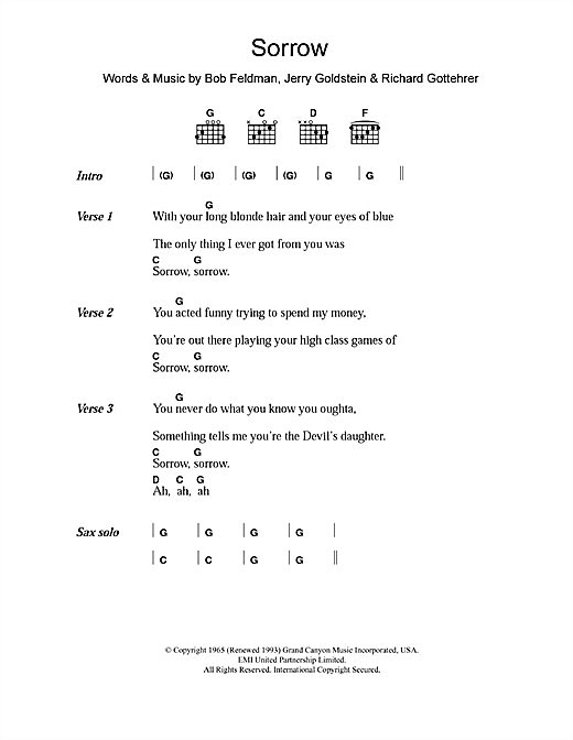 Preview David Bowie Sorrow Rock sheet music, notes and chords for Piano, Vocal & Guitar, SKU: 13854 Sorrow sheet music