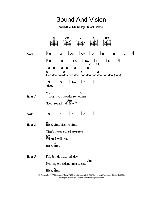 Preview David Bowie Sound And Vision Rock sheet music, notes and chords for Piano, Vocal & Guitar, SKU: 13855 Sound And Vision sheet music