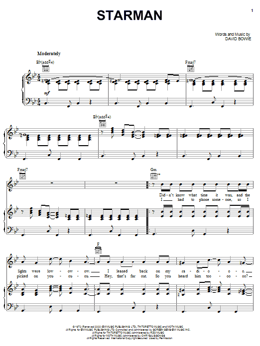 Preview David Bowie Starman Rock sheet music, notes and chords for Piano, Vocal & Guitar (Right-Hand Melody), SKU: 24131 Starman sheet music