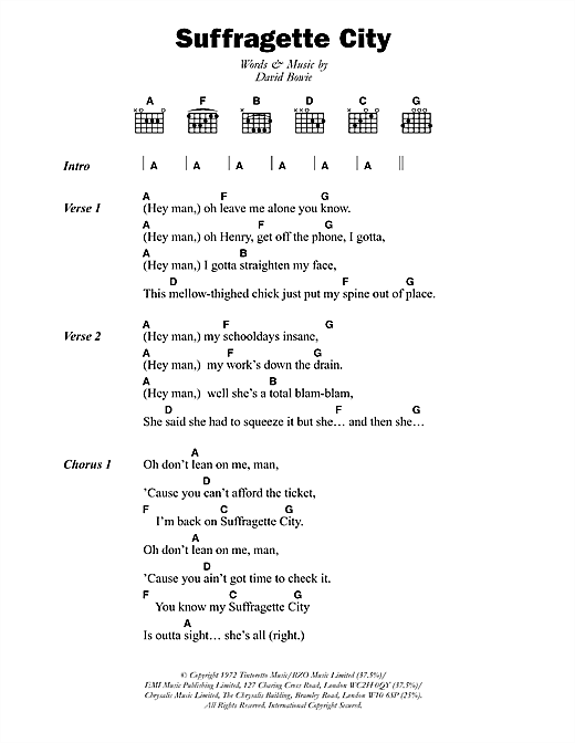 Preview David Bowie Suffragette City Rock sheet music, notes and chords for Piano, Vocal & Guitar (Right-Hand Melody), SKU: 63805 Suffragette City sheet music