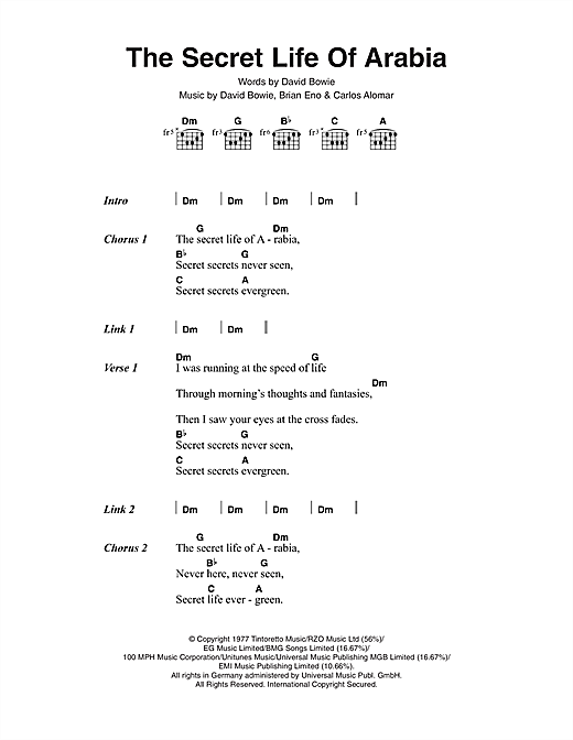Preview David Bowie The Secret Life Of Arabia Rock sheet music, notes and chords for Piano, Vocal & Guitar, SKU: 13868 The Secret Life Of Arabia sheet music
