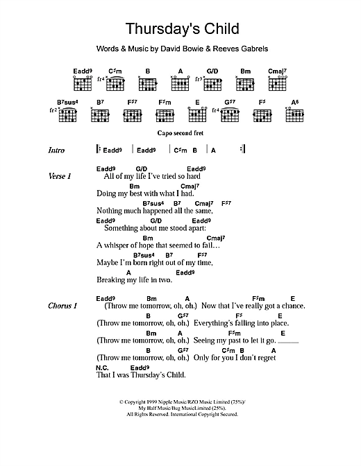 David Bowie Thursday's Child Sheet Music Notes & Chords for Lyrics & Chords - Download or Print PDF