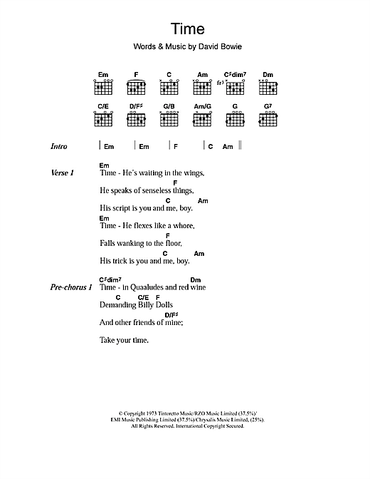 David Bowie Time Sheet Music Notes & Chords for Lyrics & Chords - Download or Print PDF