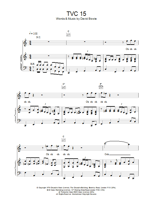 Preview David Bowie TVC15 Rock sheet music, notes and chords for Piano, Vocal & Guitar, SKU: 13872 TVC15 sheet music