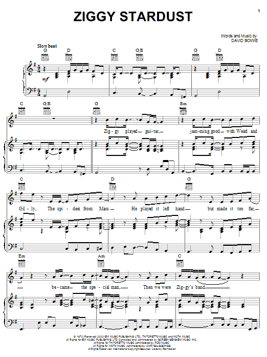 Preview David Bowie Ziggy Stardust Rock sheet music, notes and chords for Piano, Vocal & Guitar (Right-Hand Melody), SKU: 23491 sheet music, piano notes, chords, guitar tabs, score, transpose, transcribe, how to play, guide, download, learn, tutorial, progression, song, artist, awards, billboard, mtv, vh1, tour, single, album, release
