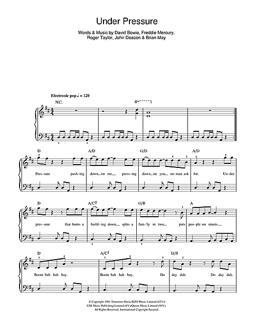 Preview David Bowie & Queen Under Pressure Rock sheet music, notes and chords for Beginner Piano, SKU: 112532 Under Pressure sheet music