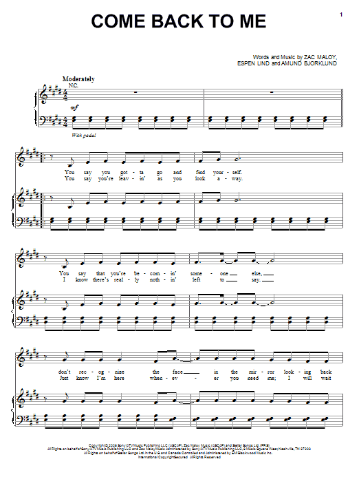 Preview David Cook Come Back To Me Pop sheet music, notes and chords for Piano, Vocal & Guitar (Right-Hand Melody), SKU: 71953 Come Back To Me sheet music
