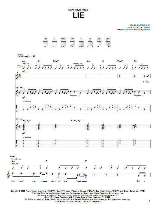 Preview David Cook Lie Rock sheet music, notes and chords for Guitar Tab, SKU: 73428 Lie sheet music