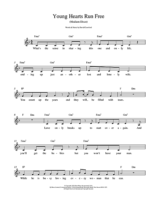 Preview David Crawford Young Hearts Run Free Disco sheet music, notes and chords for Melody Line, Lyrics & Chords, SKU: 14885 Young Hearts Run Free sheet music