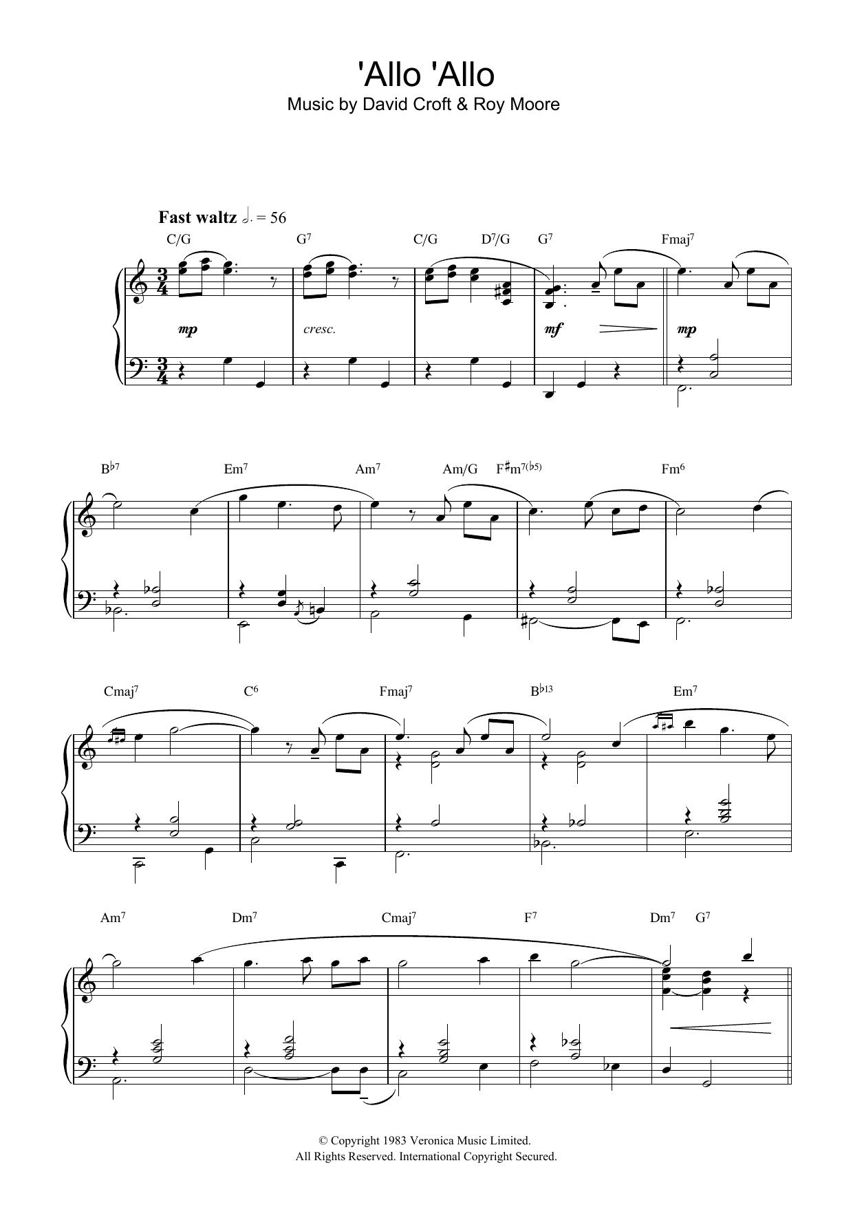 Preview David Croft 'Allo 'Allo Film and TV sheet music, notes and chords for Piano, SKU: 33015 'Allo 'Allo sheet music