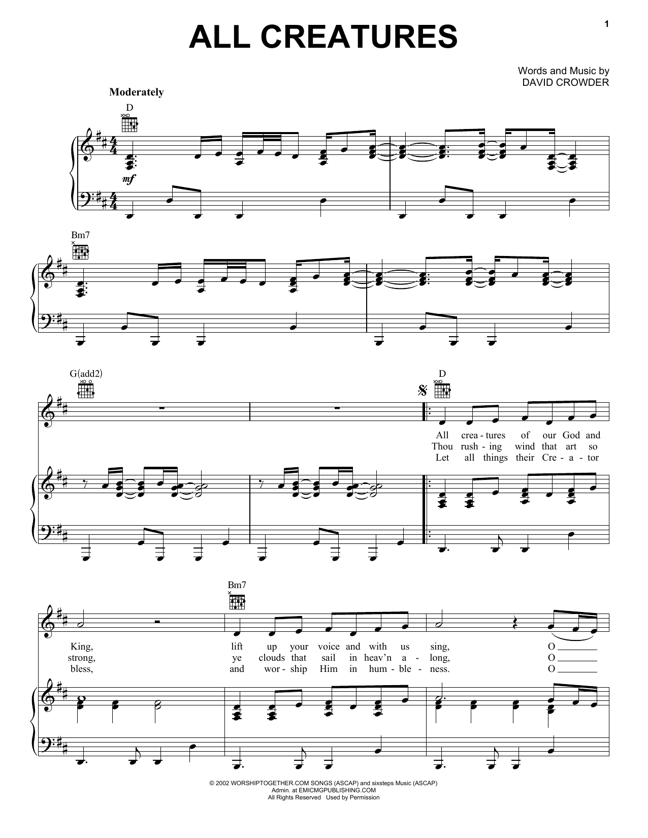Preview David Crowder*Band All Creatures Of Our God And King Pop sheet music, notes and chords for Piano, Vocal & Guitar (Right-Hand Melody), SKU: 161935 All Creatures Of Our God And King sheet music