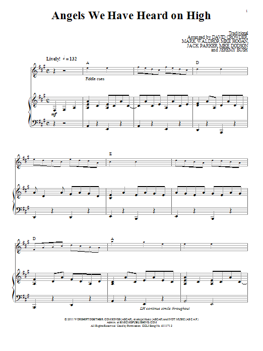 Preview David Crowder Band Angels We Have Heard On High Religious sheet music, notes and chords for Piano, Vocal & Guitar (Right-Hand Melody), SKU: 86557 Angels We Have Heard On High sheet music