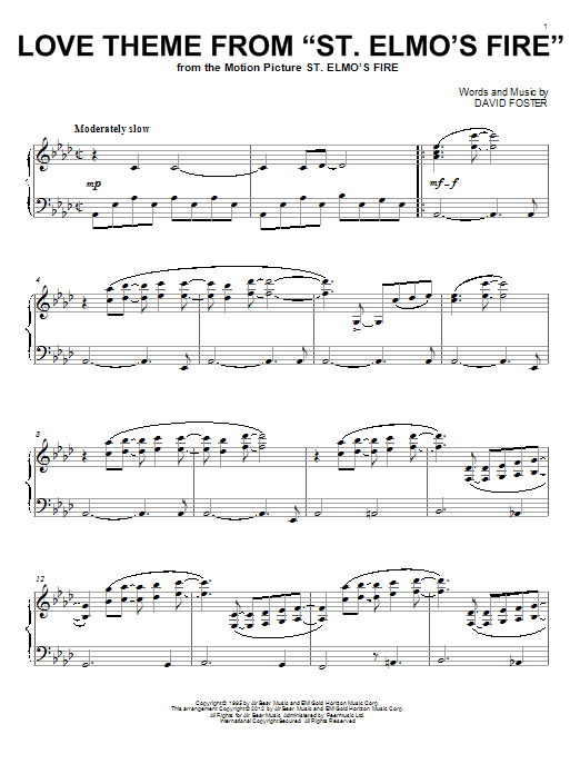 Preview David Foster Love Theme From St. Elmo's Fire Pop sheet music, notes and chords for Easy Piano, SKU: 21506 Love Theme From St. Elmo's Fire sheet music