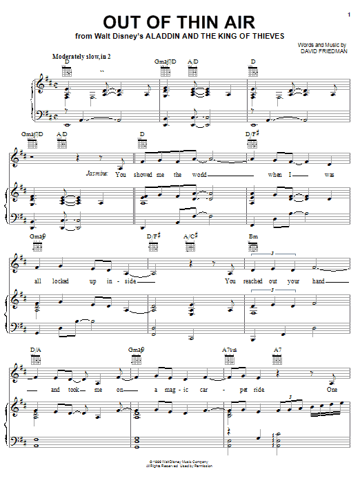 Preview David Friedman Out Of Thin Air (from Aladdin and the King of Thieves) Film and TV sheet music, notes and chords for Piano (Big Notes), SKU: 21470 Out Of Thin Air (from Aladdin and the King of Thieves) sheet music