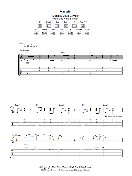 Preview David Gilmour Smile Rock sheet music, notes and chords for Guitar Tab, SKU: 104507 Smile sheet music
