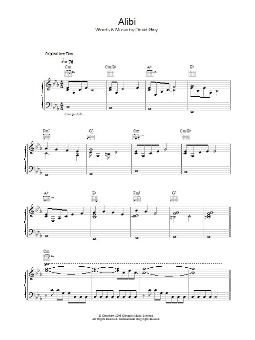 Preview David Gray Alibi Pop sheet music, notes and chords for Piano, Vocal & Guitar, SKU: 33832 Alibi sheet music