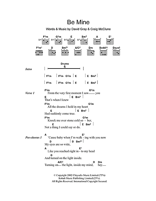 Preview David Gray Be Mine Pop sheet music, notes and chords for Piano, Vocal & Guitar, SKU: 22007 Be Mine sheet music